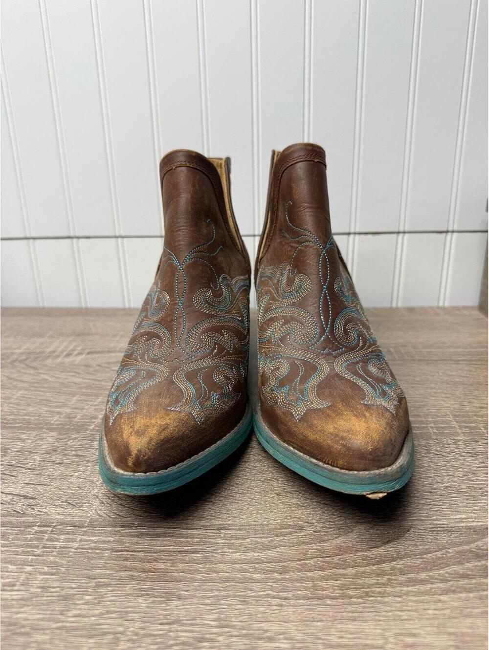 Circle G Women's 8 Ankle Boots Turquoise & Cognac Western Wear Cowgirl Rodeo - Picture 2 of 7